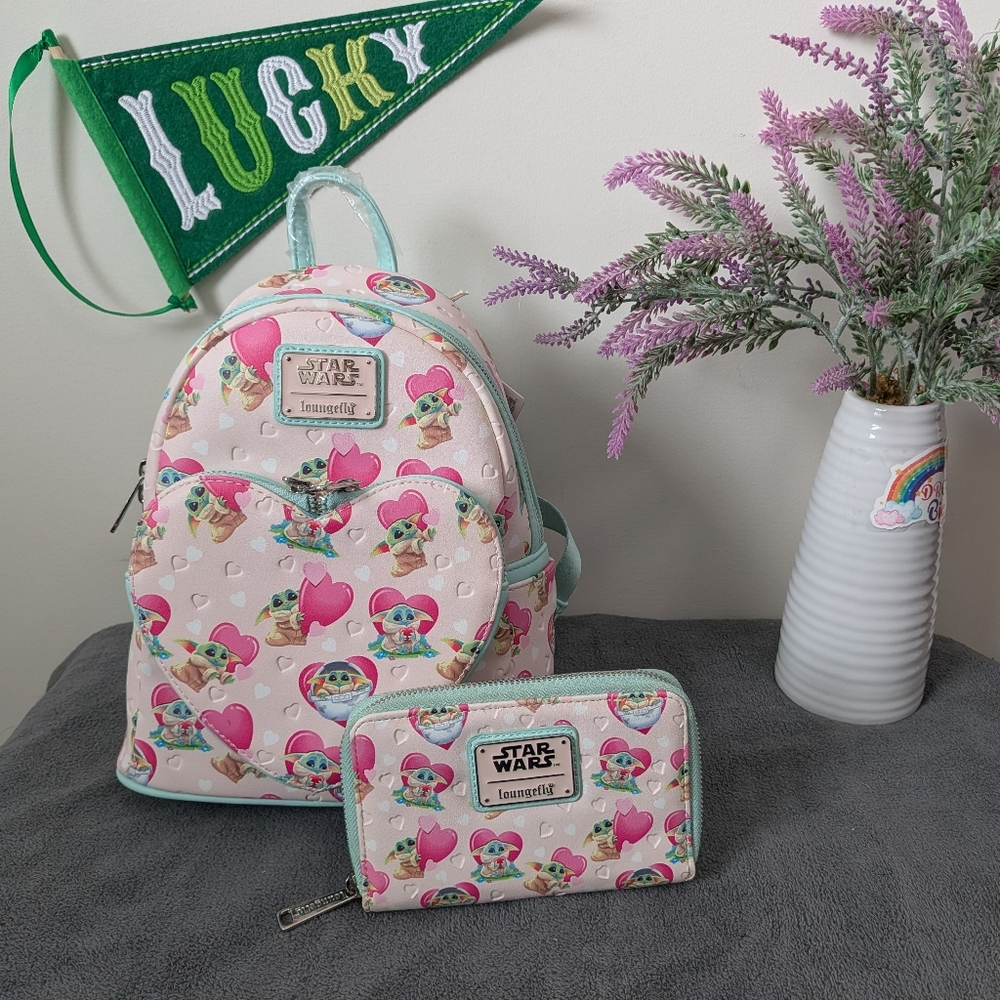 Disney Loungefly Grogu Valentines Mini Backpack And Wallet